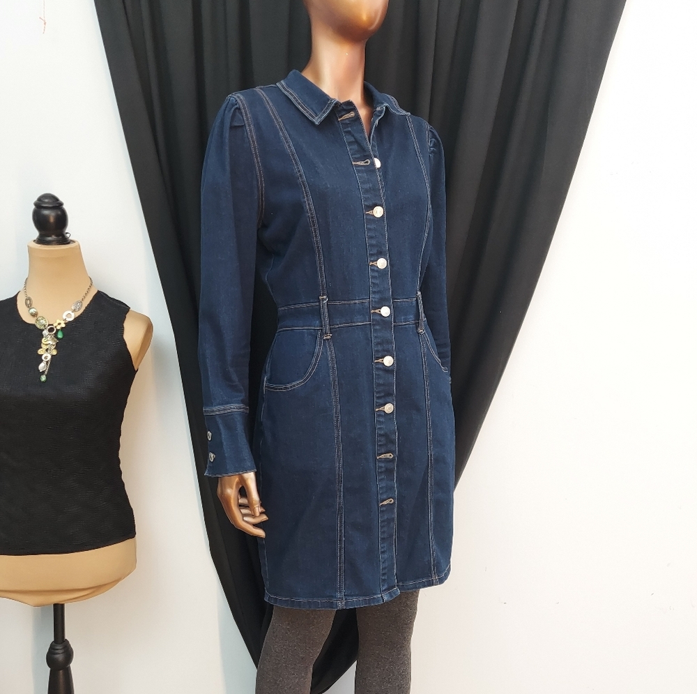 Blue Stretch Denim Coat Dress, Button Front, NY & Co, Sz M